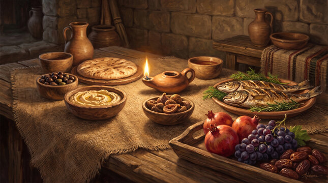 Ancient Mediterranean dinner table with flatbread, grilled fish, hummus, and fruits illuminated by an oil lamp.