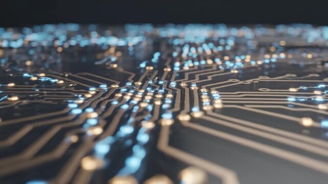 Close-up of illuminated circuit board with glowing blue pathways