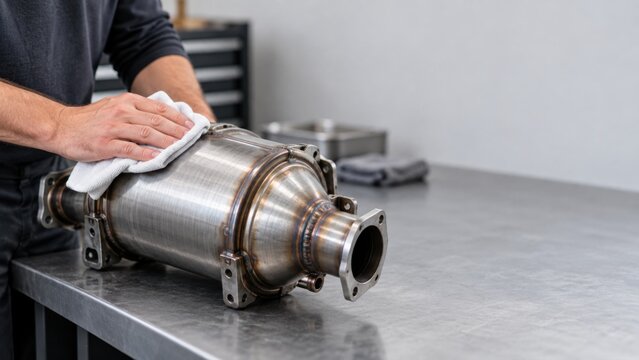 Diesel Particulate Filter Housing Being Cleaned With White Lint-Free Cloth Before Storage Provides Maintenance Scene On Industrial Steel Metal Workbench