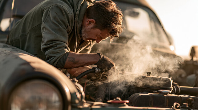 Man mechanic repair a smoking engine of his overheated car. Broken down old car with smoke or steam from hose. 