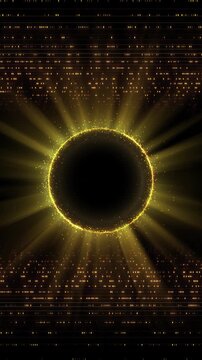 Golden energy ring glows field radiant beams, sparkling particles, data lines. Powerful technology debut, award reveals, music media, gaming intros, luxury branding, cinematic title sequences.