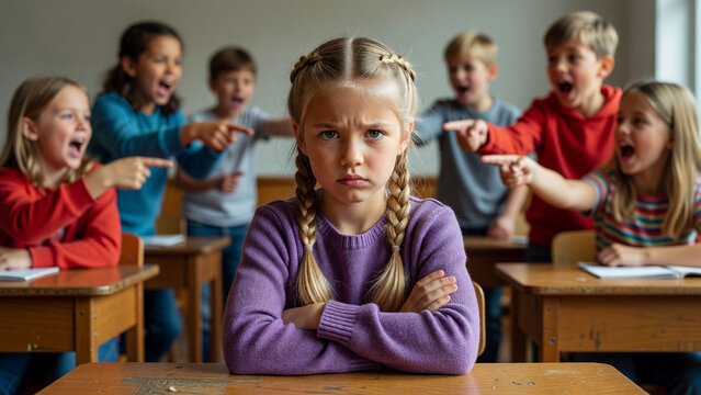 Upset young girl sitting at school desk, bullied by screaming classmates pointing fingers, childhood bullying and social exclusion