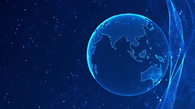 Advanced blue world globe network mesh worldwide communication, data exchange digital transformation open copy space. technology reports, artificial intelligence, finance, innovation broadcast media.