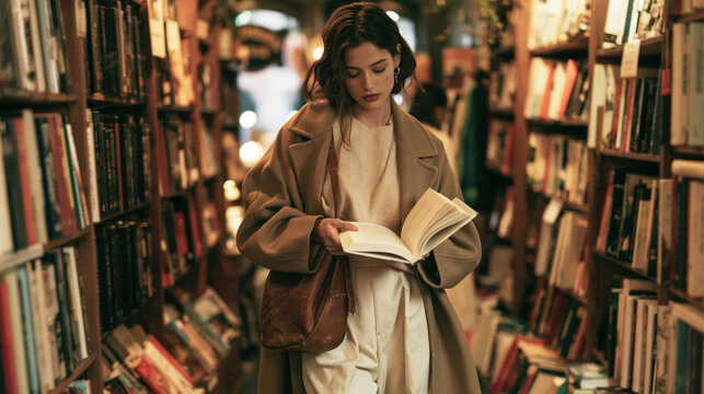 Young Woman Reading a Book in Library