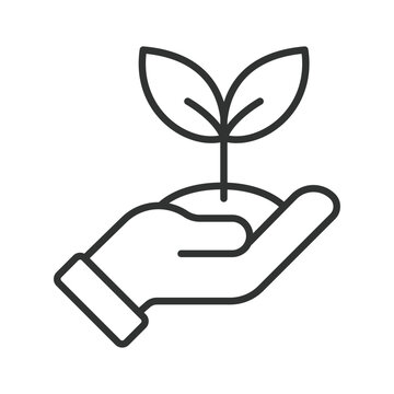 Plant growth in hand icon in line design. Growth, plant, hand, care, environment, nature, sprout on white background vector. Ecology editable stroke icon.