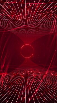 Red data tunnel forms an hourglass wire grids glowing portal, floating particles cinematic depth. cybersecurity, gaming, artificial intelligence, digital interfaces, music events futuristic intros.