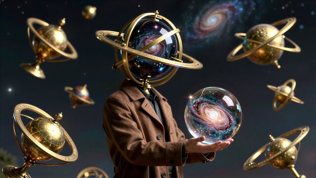Man holds cosmic sphere, surrounded by golden celestial globes against starry backdrop.