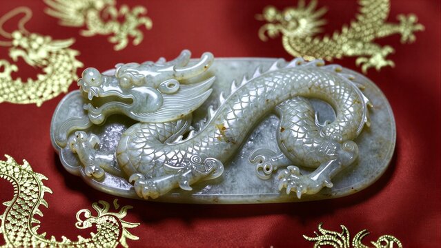Intricate jade dragon pendant rests on red fabric with golden dragon motifs.