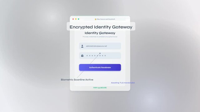 Cyber security animation showing a secure identity gateway login with cryptographic enclave deployment, quantum-resistant token authentication, and secure tunnel establishment for data protection