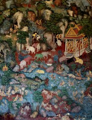 Traditional Thai mural painting depicting Buddhist story and Himmapan forest animals at Wat Suthat, Bangkok, Thailand. © surasaki
