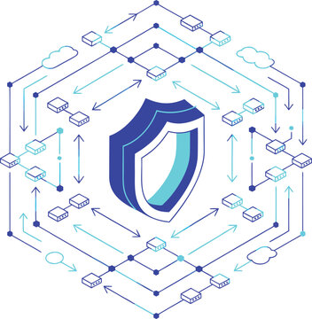 Cyber Security and Cloud Data Architecture Vector Infographic, Network Protection and Server Flow Diagram for IT Presentation
