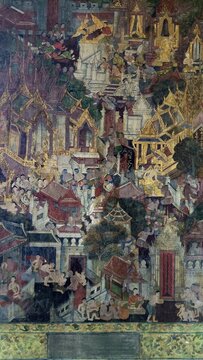 Traditional Thai mural painting inside the ordination hall of Wat Suthat Thepwararam, Bangkok, Thailand, depicting royal palaces, traditional Siamese architecture, and ancient lifestyle details.
