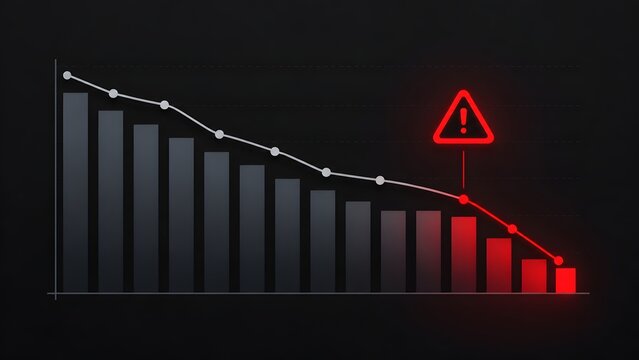 Downward trending financial bar chart with red glowing warning triangle indicating economic crisis market crash business failure and revenue loss during global recession