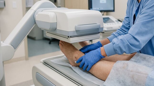 premium nuclear medicine photo, close-up of a technician's hands carefully positioning a patient's lower limb beneath a gamma camera during lymphatic imaging, nuclear medicine department