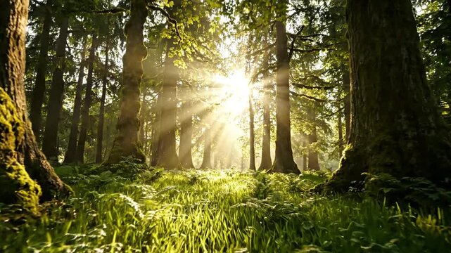 Sunbeams streaming through large trees in lush green forest