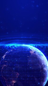 Futuristic Earth emerges expanding circular data rings sparkling particles, visualizing worldwide high speed connectivity. Ideal for artificial intelligence, cloud services, science, finance and news.