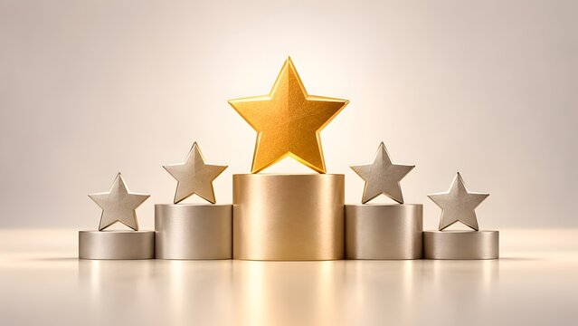 Prominent golden star standing highest on central podium among silver stars representing ultimate victory premium quality top tier rating and first place success