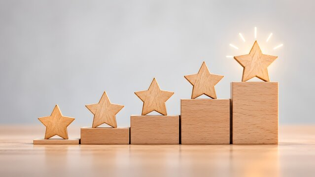 Five wooden stars placed on ascending blocks culminating in a glowing top star representing excellent customer feedback top rating and business success.
