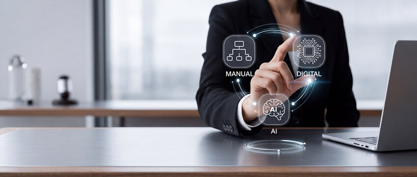 Businesswoman Interacting with Futuristic Virtual Interface to Transition from Manual Processes to Digital Systems and Artificial Intelligence Integration for Efficient Business Automation