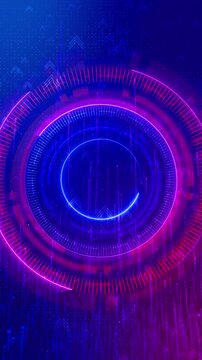 Neon HUD circles pulse central interface arrows move upward sparkling points. fintech, analytics, artificial intelligence, business growth, innovation, progress dashboards futuristic technology.