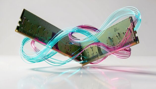 Computer RAM modules connected with glowing fiber optic cables
