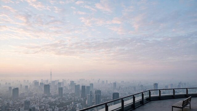 Quiet morning atmospheric photograph of the Tokyo skyline and Skytree emerging from pastel dawn mist, viewed from a tranquil rooftop observation deck with a bench. Urban solitude and new beginnings 