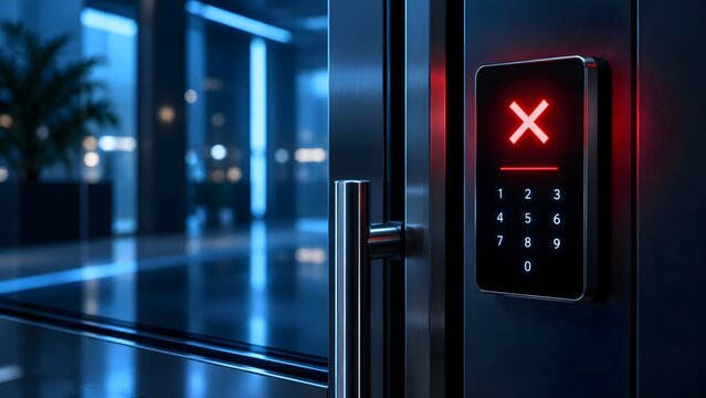 Modern electronic access control keypad system on a glass office door displaying a red warning cross indicating restricted entry and denied authorization.
