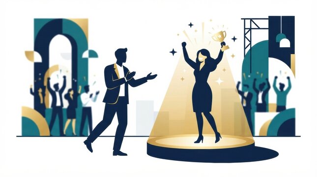 A business leader acknowledges a team member for outstanding work at a corporate event. This moment highlights team success and recognition.