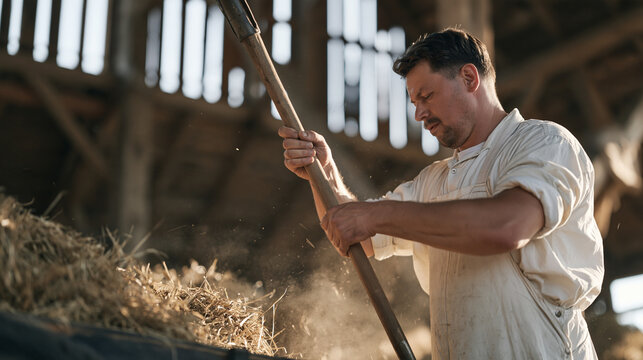 A broad shouldered Polish farm worker forks hay from a cart into a towering traditional barn loft as dust and chaff float in thick shafts of amber afternoon light falling through