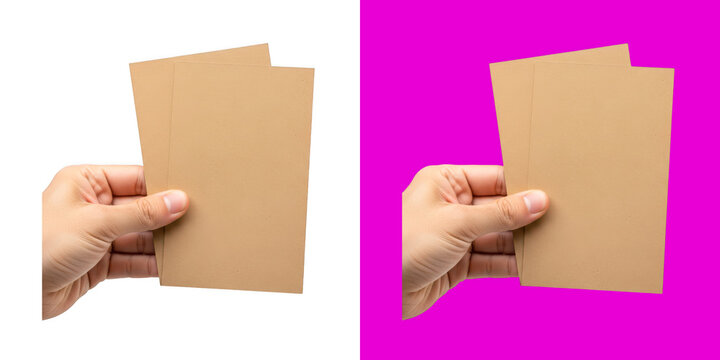 Hand holding two blank craft paper cards for design presentation transparent png