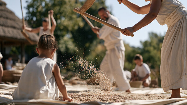 Ukrainian family threshing buckwheat on a cloth spread in an open yard, wooden flails raised, grain cloud in air, traditional autumn processing heritage rural lifestyle Eastern