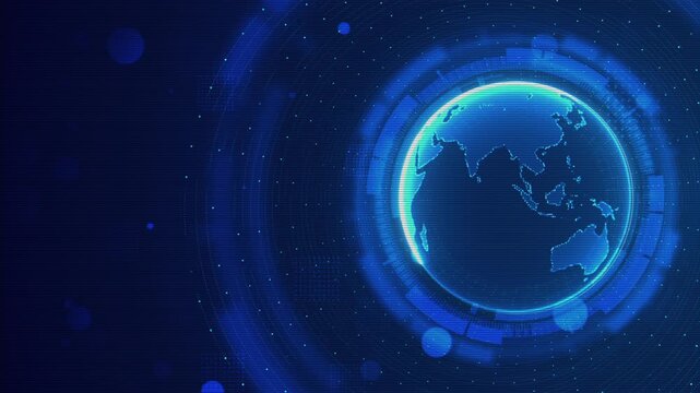 Futuristic world interface features luminous Earth data wave rings. technology background for telecommunications, network security, innovation reports, satellite communication, fintech broadcast media