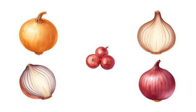 several pictures of shallots and onions with a transparent background