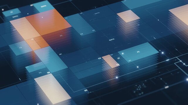 Abstract big data visualization with layered digital panels, glowing nodes and analytics overlays conveying information flow, technology network, data interface for AI and IT solutions.