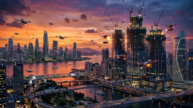 Futuristic smart city skyline at sunset featuring autonomous delivery drones and tall skyscrapers under construction