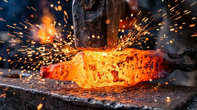 Blacksmith hammer striking glowing red hot metal on anvil with sparks flying in forge workshop