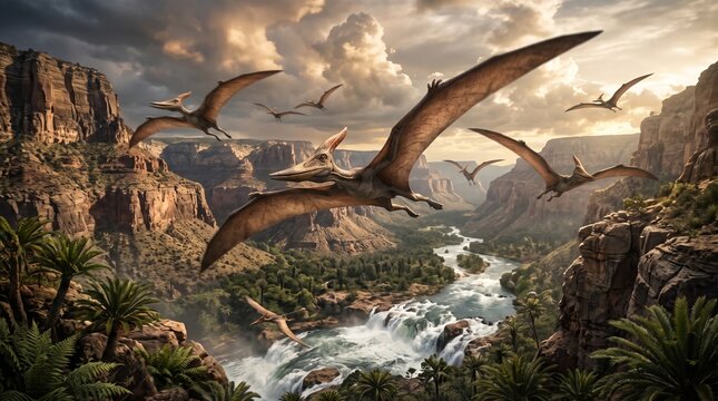 Flock of pterodactyls flying over a prehistoric canyon landscape with a waterfall and river