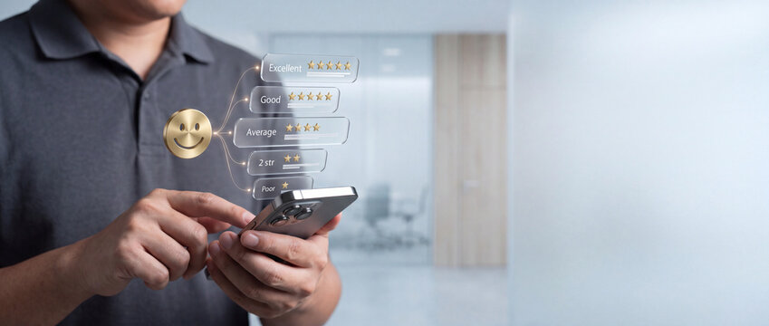 Close up of man using smartphone for customer satisfaction survey and rating with virtual 3D smiley face and five star ranking interface for business feedback and service quality evaluation
