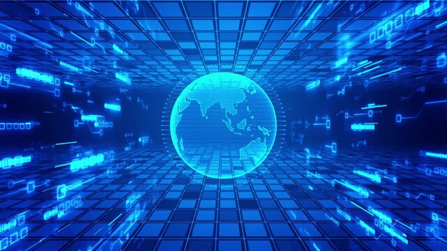 Glowing globe futuristic data perspective grids, binary signals interface elements. visual global networks, digital transformation, cloud infrastructure, telecommunications, analytics global commerce.