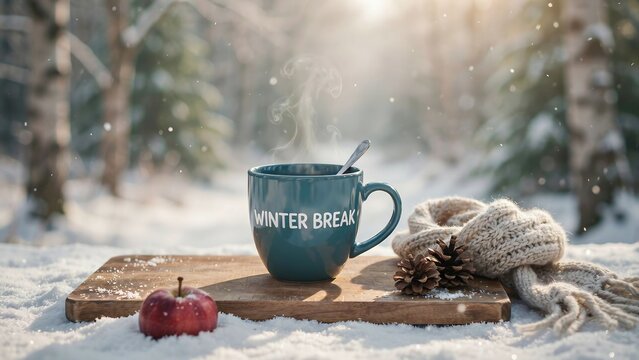 Blue mug with winter break text and steam on a wooden board in a snowy forest landscape