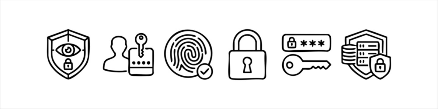Cyber security doodle line icon set featuring data protection shield, key login, biometric fingerprint scan, lock, password field, and secure server database vector illustration