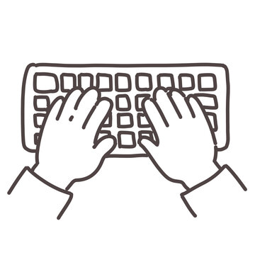 Two hands typing on a keyboard. Hand drawn line art of computer work isolated on white background.