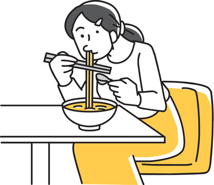 ラーメンをすすって食べる女性