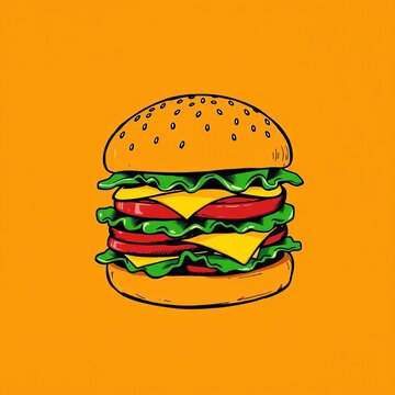 Hand-drawn hamburger illustration with orange background, packaging, business