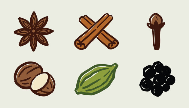 Hand drawn aromatic spice collection for culinary and wellness designs