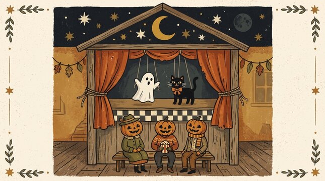 Puppet show with a ghost and black cat for a pumpkin audience