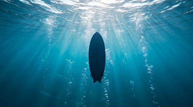 Underwater Silhouette Surfer Holding Surfboard With Dramatic Bubble Explosion