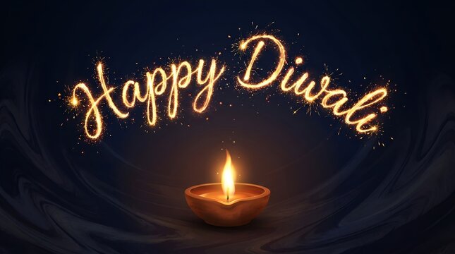 Lit diya oil lamp with happy diwali text made of fire flames on dark background
