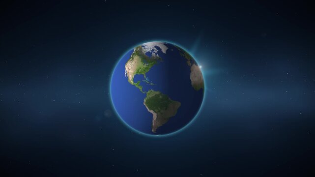 Rotating earth from space with sunrise and stars creating a cosmic background for global themes.