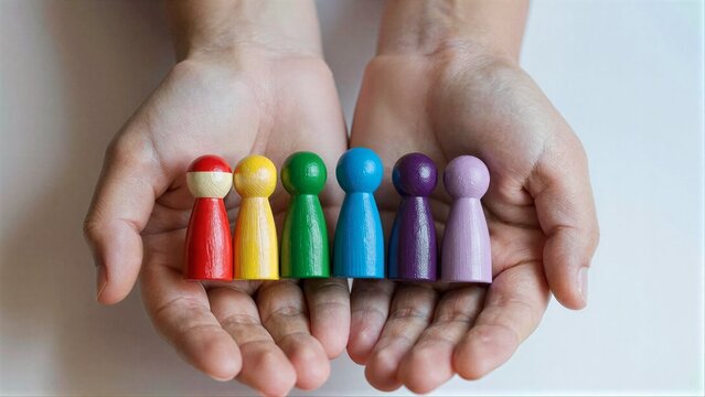 Hands hold colorful wooden figures, symbolizing diversity and unity.
